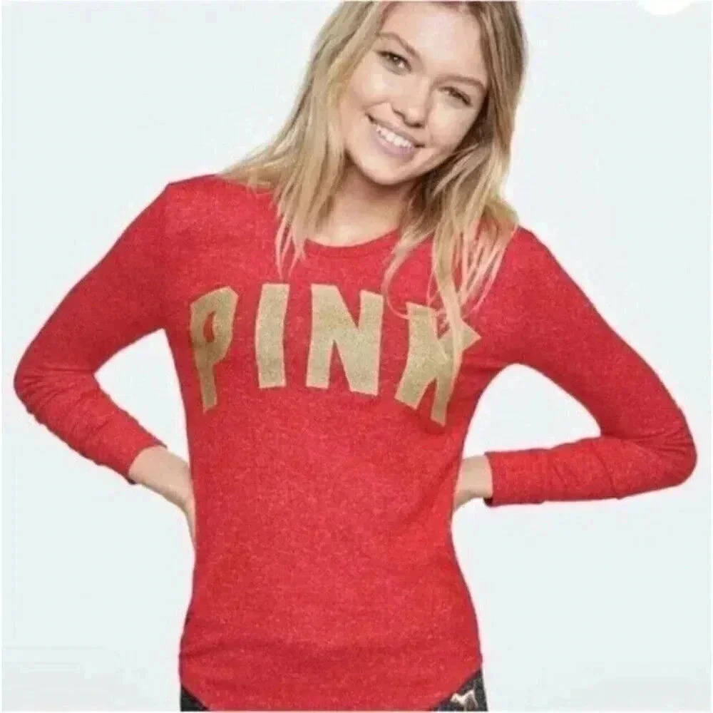 VICTORIA'S SECRET PINK COZY‎ LONG SLEEVE TEE MEDIUM RED GOLD GLITTER LOUNGEWEAR
